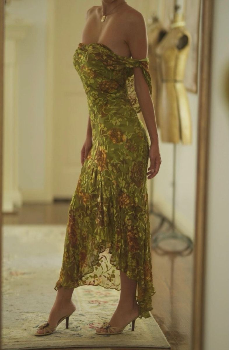 Pretty Green Chiffon Print Floral Mermaid Long Evening Dress Prom Dresses