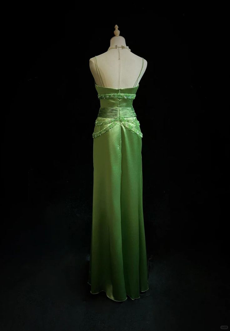 Vintage Green Satin Beaded Party Prom Dress,Spaghetti Strap Evening Dress