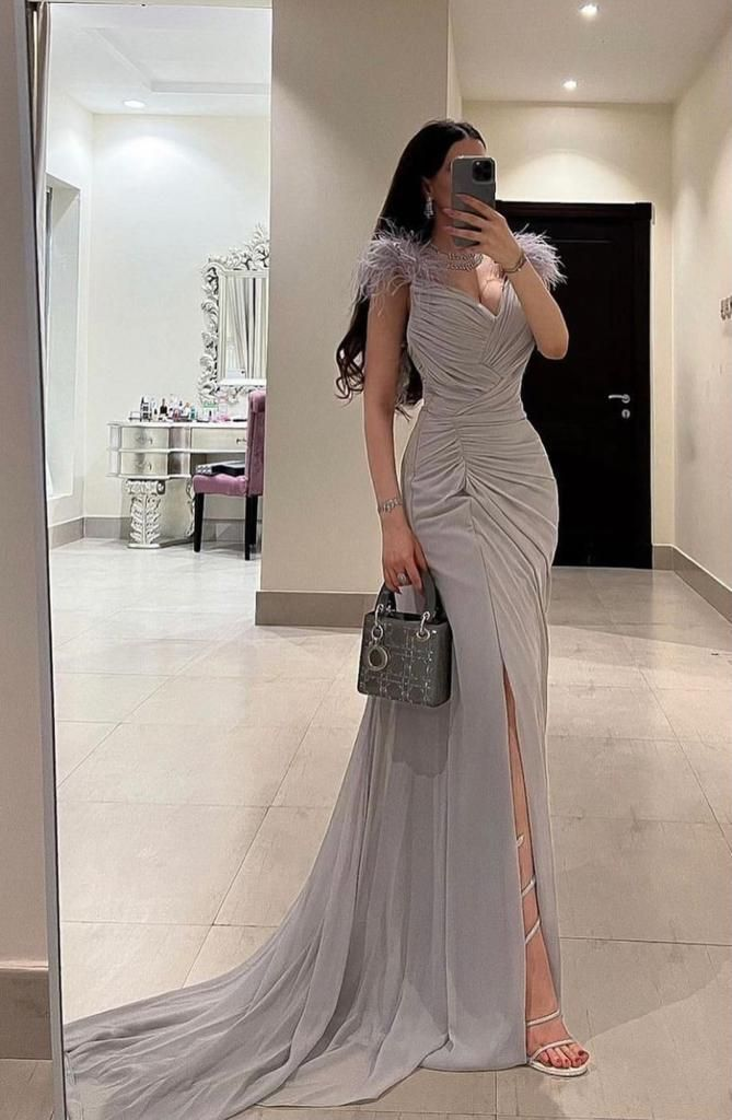 Elegant Mermaid Prom Dress For Women Feather V-Neck Pleat Split Party Evening Dress