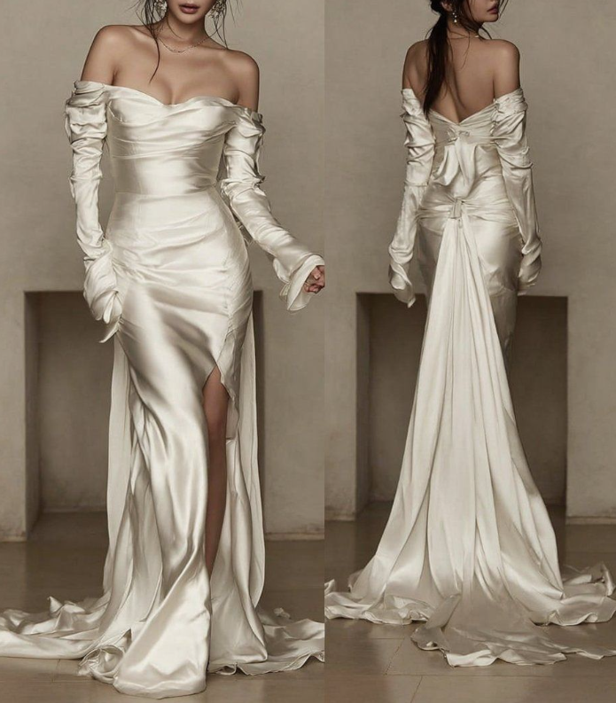 Elegant Off The Shoulder Ivory Satin Pleated Slit Mermaid Long Wedding Dress