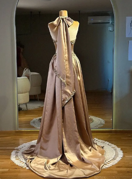 Gorgeous Halter Satin Beaded Long Evening Dress Birthday Party Dress