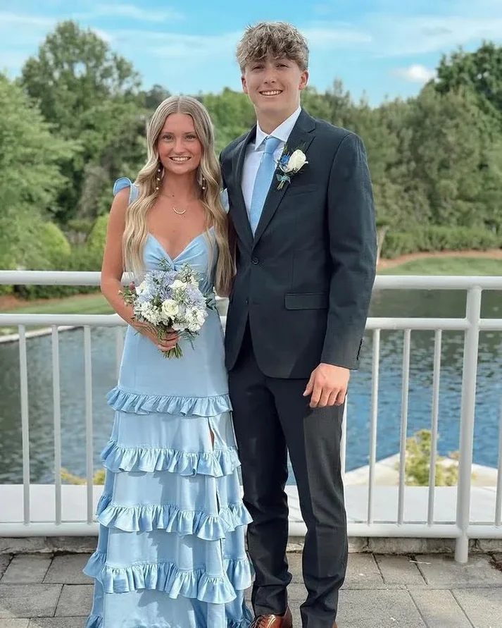 Elegant Blue Ruffles A Line Prom Dress Formal Slit Party Evening Dress