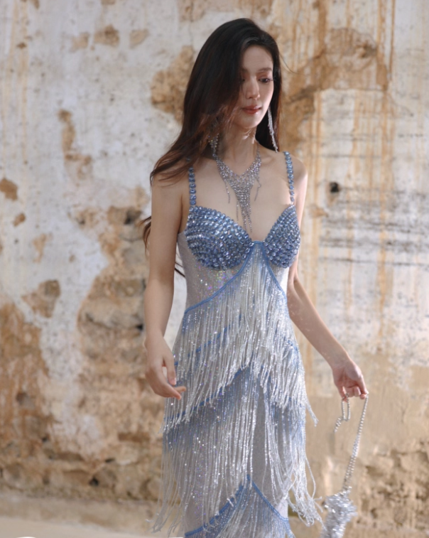 Glitter Spaghetti Straps Sequin Beaded Mermaid Long Evening Dress Birthday Prom Dress With Tassel