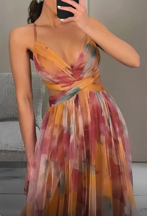 Beautiful Straps Tulle Print Long Prom Dress Formal A Line Evening Dress