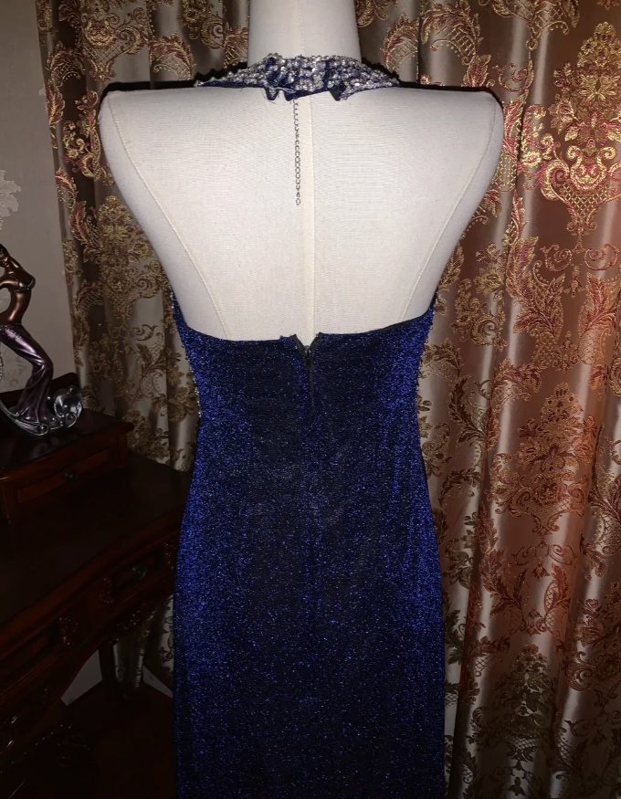Pretty Halter Navy Blue Sequin Beaded Mermaid Long Evening Dress Birthday Party Dress
