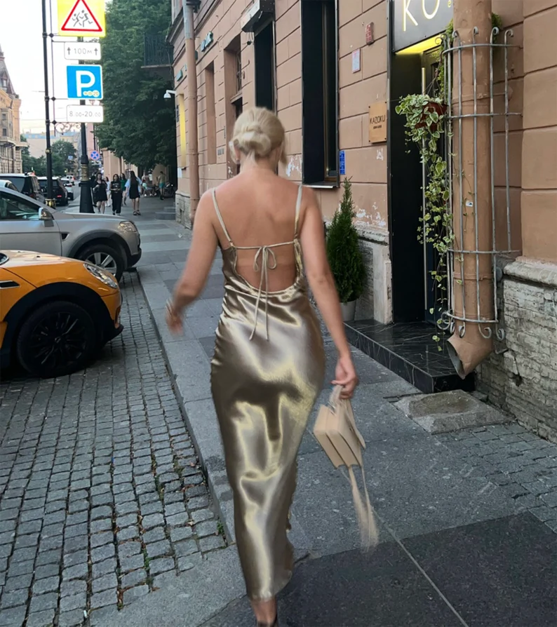 Glossy Open Back Shiny Backless Satin Prom Dress Elegant Cowl Neckline Party Ruched Side Women Midi Dress