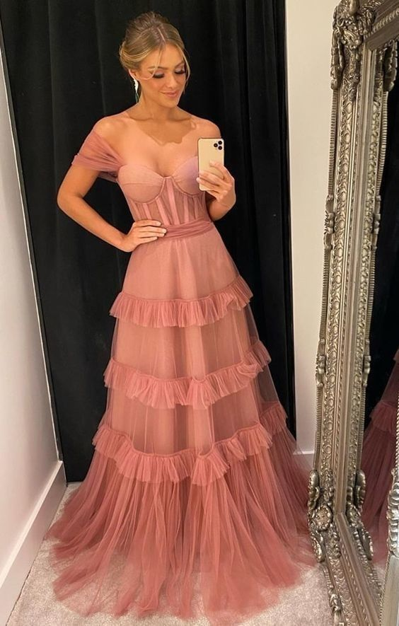 A-Line Off the Shoulder Long Tulle Prom Dress