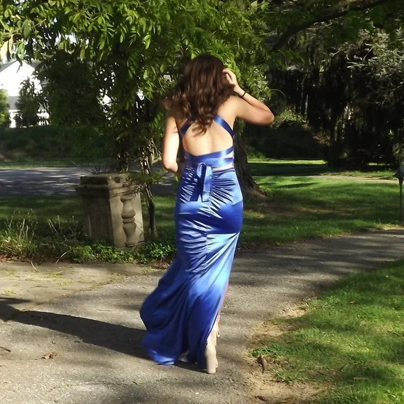 Sexy Blue Sheath Slit Prom Dress Backless Party Evening Dress