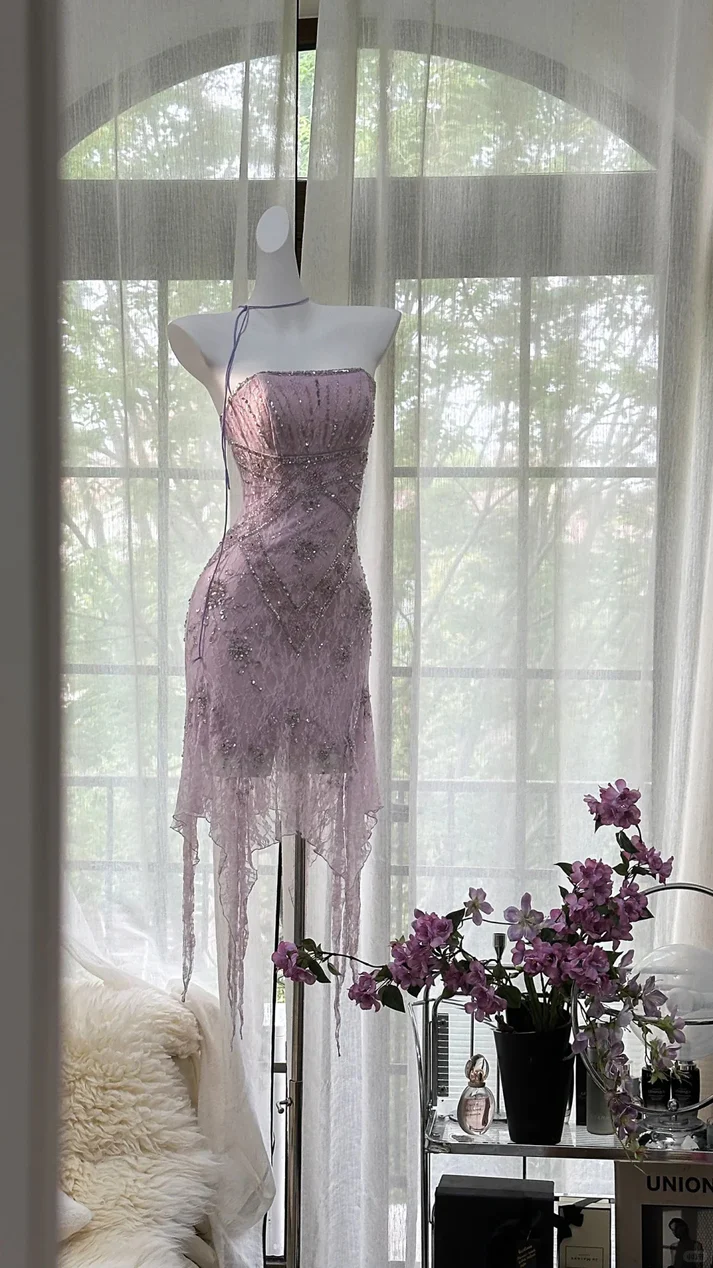 Pretty Lilac Lace Beaded Birthday Outfits Strapless Short Graduation Homecoming Dress