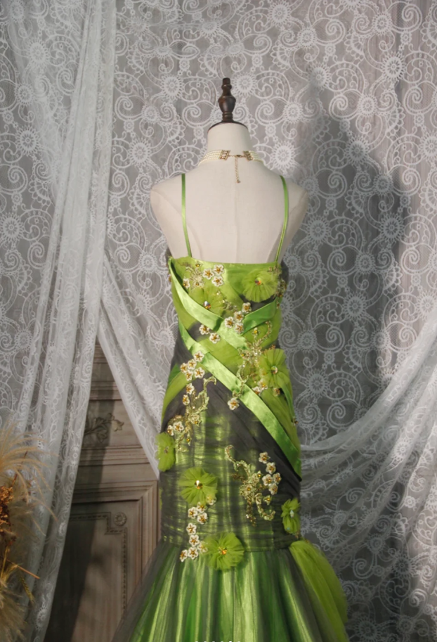 Vintage Green Spaghetti Straps Satin Tulle Appliques Mermaid Prom Dress Long Evening Dress