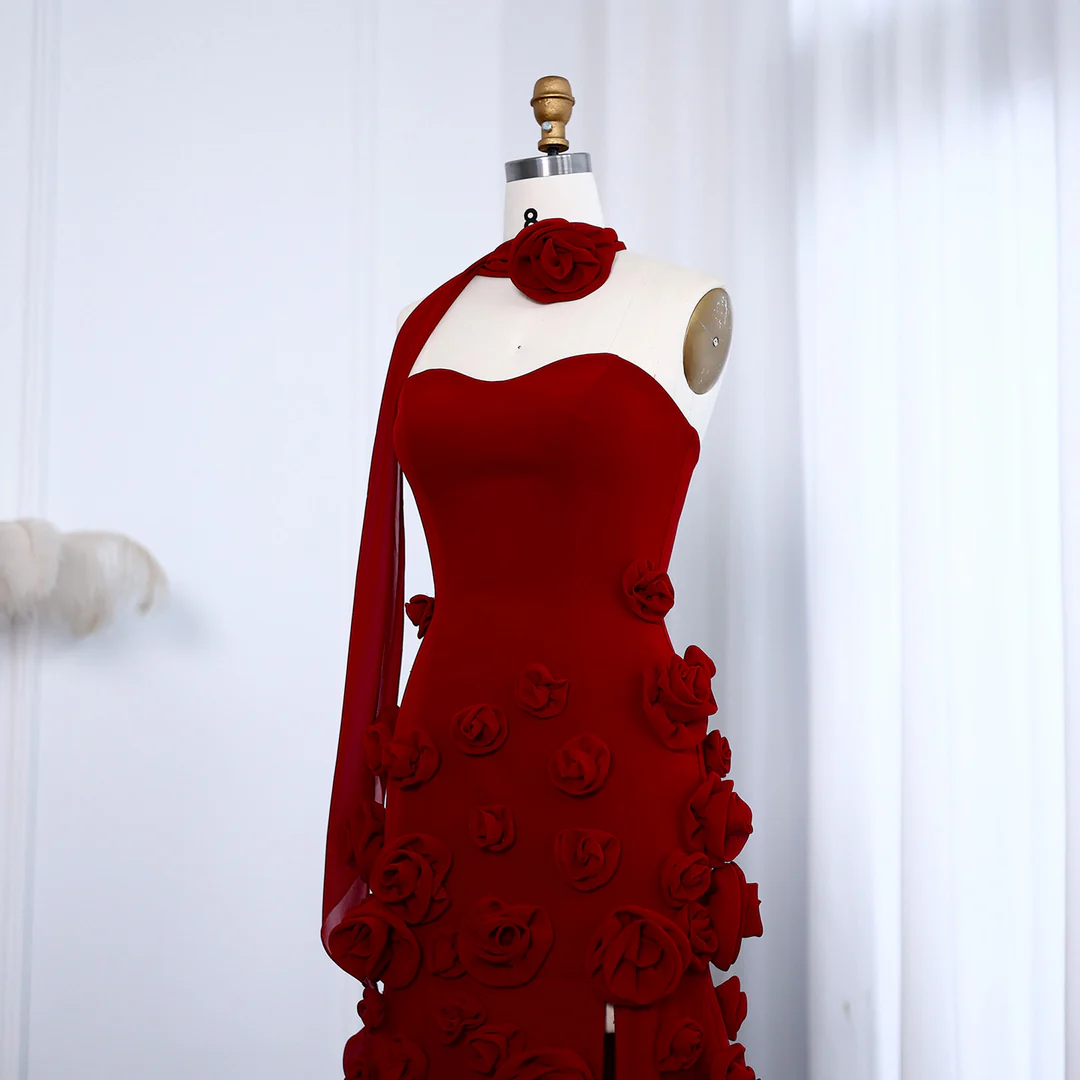Beautiful Pink Strapless Tulle Rose Flowers Prom Dress Mermaid Slit Evening Dress Wedding Dress