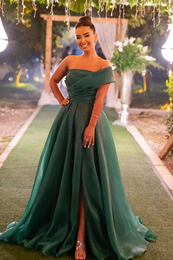 Dark Green Strapless One Shoulder Front Split Evening Dress With Bowknot