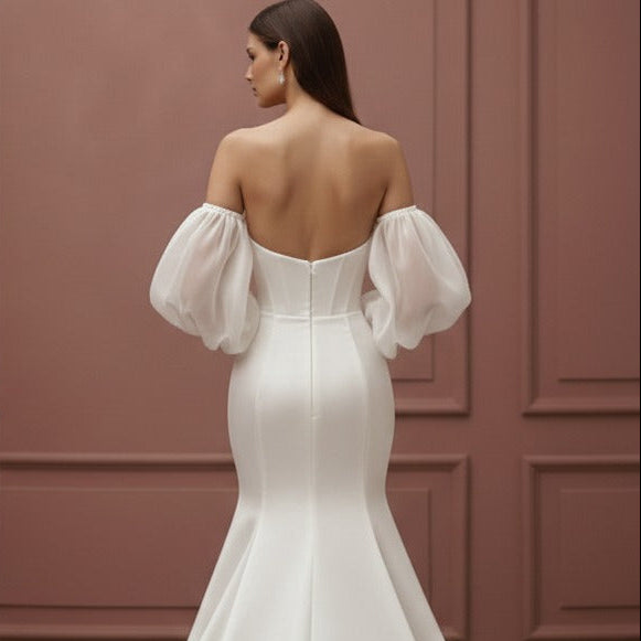 Elegant Mermaid Wedding Dress Long V-Neck Backless Satin Bridal