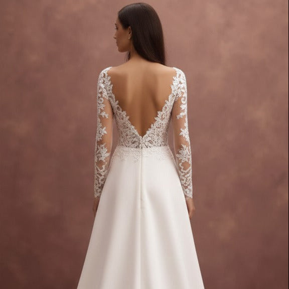 Long Sleeve Lace Wedding Dress A-Line Classic Bridal Gown