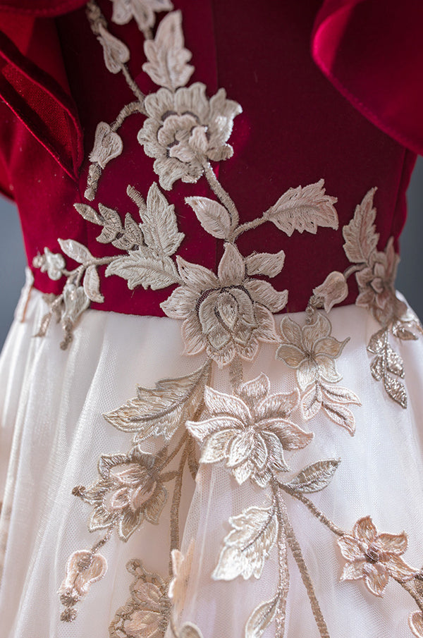 Vintage Red Straps Tulle Formal Dress, Elegant Applique Prom Dress