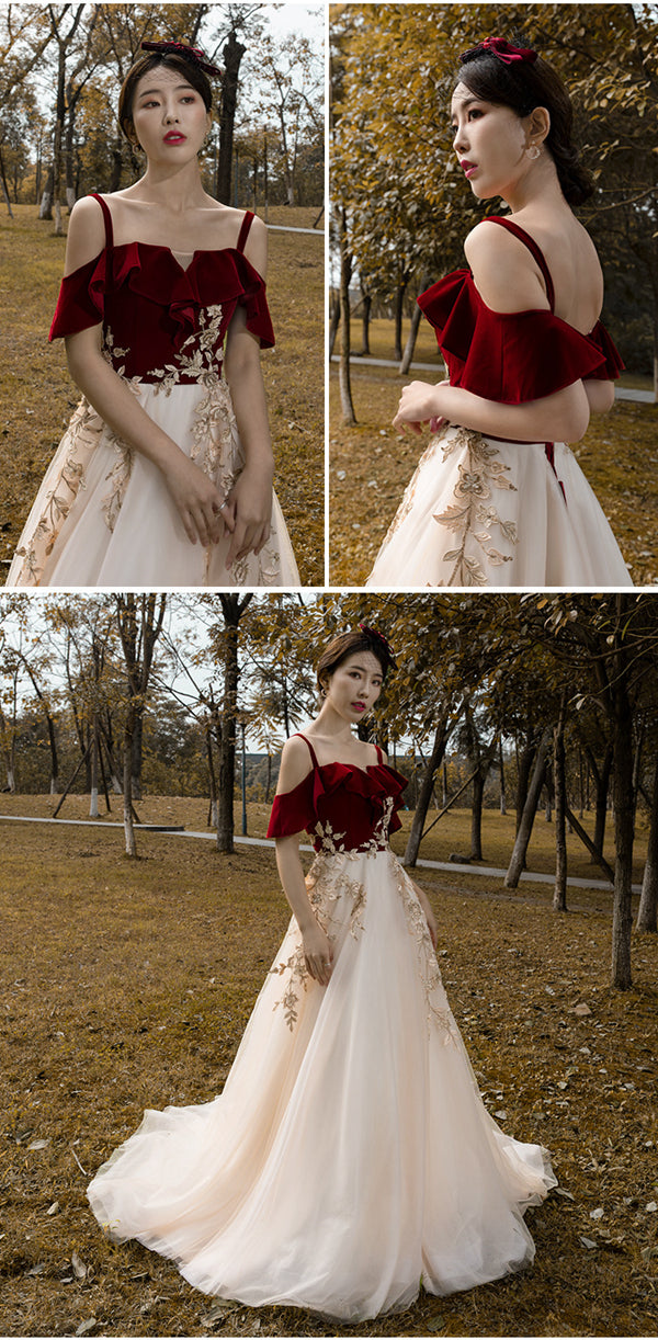 Vintage Red Straps Tulle Formal Dress, Elegant Applique Prom Dress