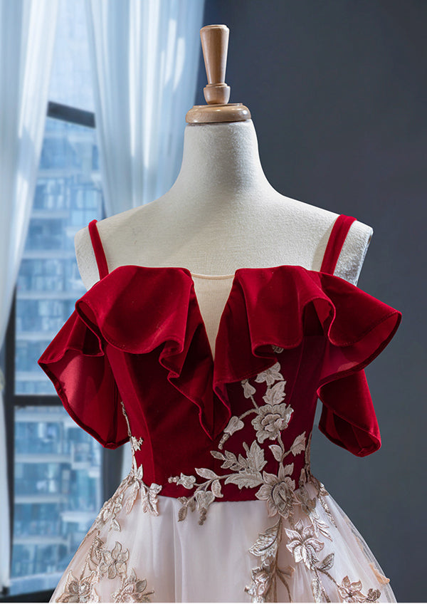 Vintage Red Straps Tulle Formal Dress, Elegant Applique Prom Dress