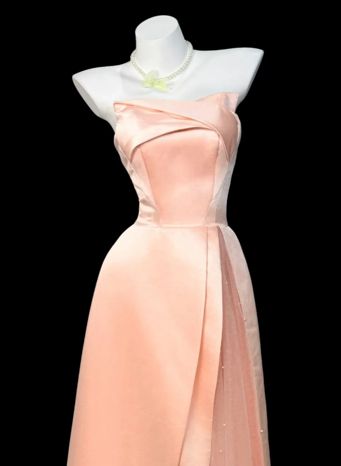 Sweet Pink Strapless Satin Tulle Beaded A Line Party Dress Long Wedding Guest Dress