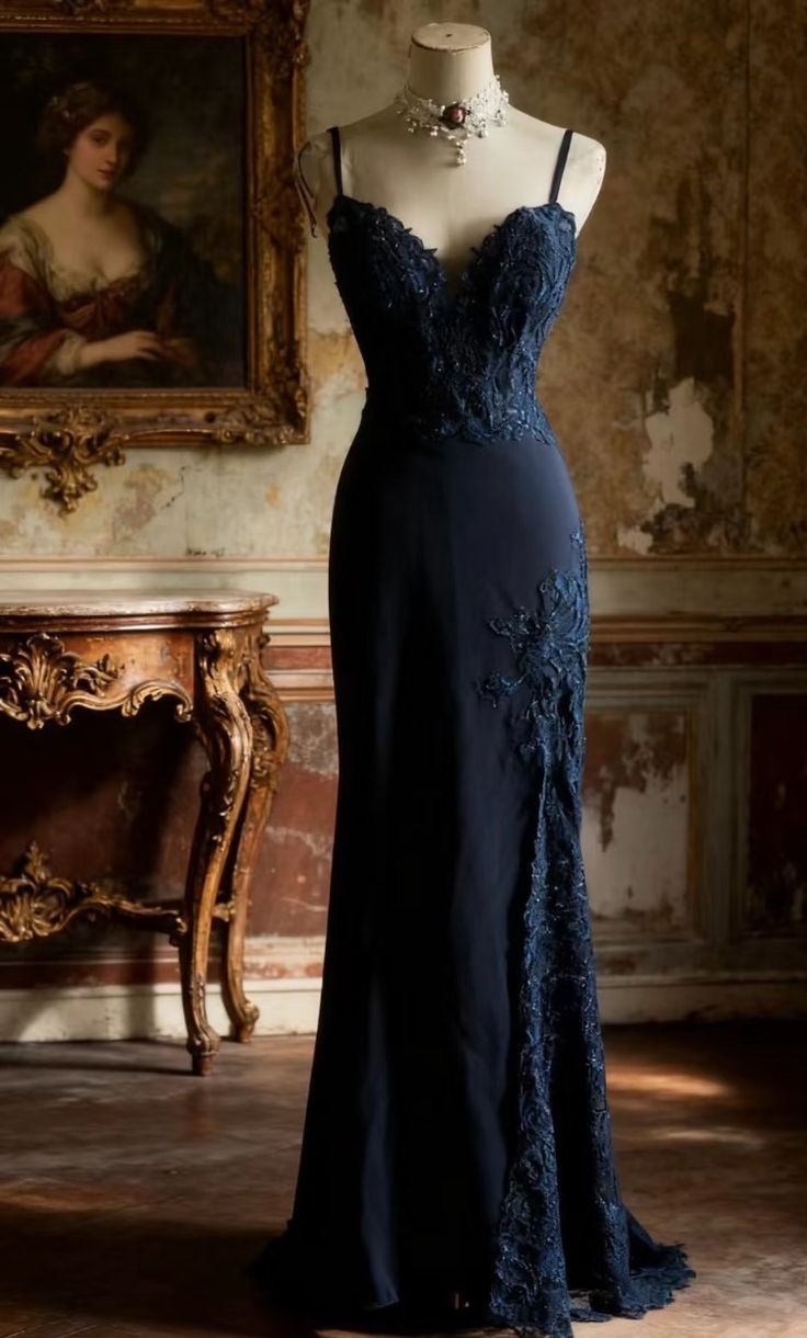 Vintage Spaghetti Strap Navy Blue Satin Appliques Mermaid Long Wedding Guest Dress Birthday Evening Dress