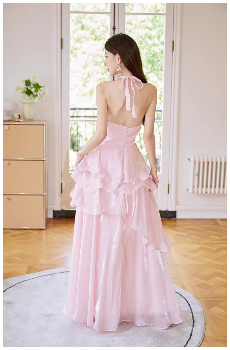 Classy Halter Pink Satin Ruffles Long Birthday Party Dress Evening Dress