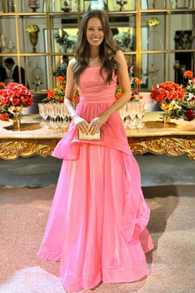Sweet Pink Strapless Tulle A Line Evening Dress Formal Prom Dress
