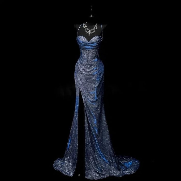 Pretty Mermaid Spaghetti Straps Navy Blue Satin Slit Party Dress