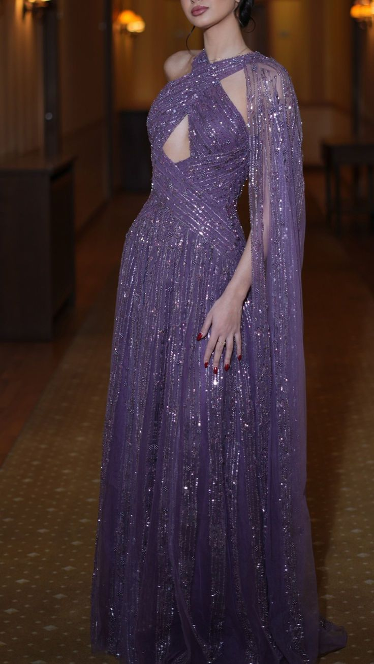Shiny Purple Tulle Sequin Beaded A Line Long Wedding Guest Dress Formal Birthday Party Dress Evening Dress