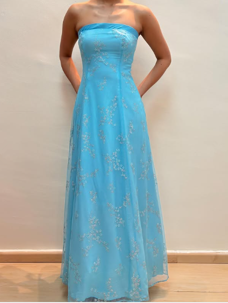 Chic Strapless Blue A Line Tulle Sequins Party Dress,Formal Prom Evening Dress