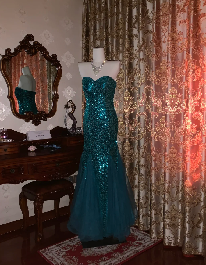 Vintage Strapless Green Tulle Sequin Mermaid Evening Dress Long Wedding Guest Dress Party Gown