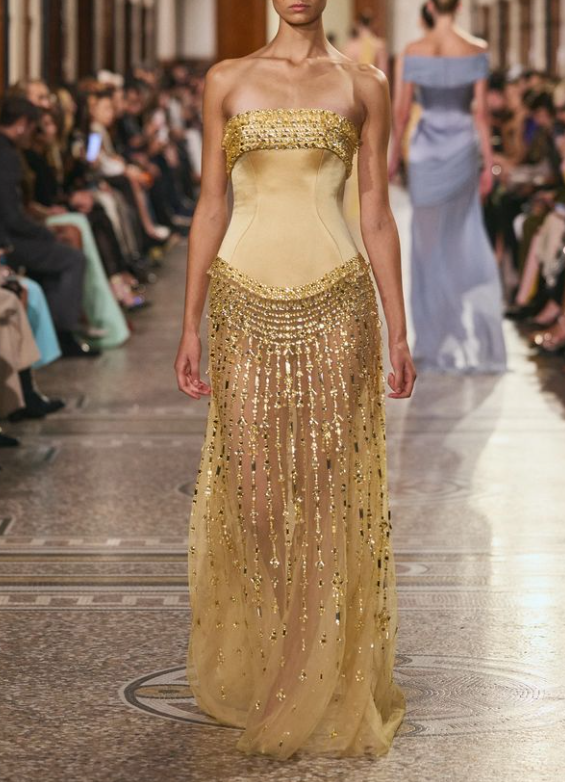 Glamorous Strapless Gold Satin Tulle Beaded Long Evening Dress Party Dress