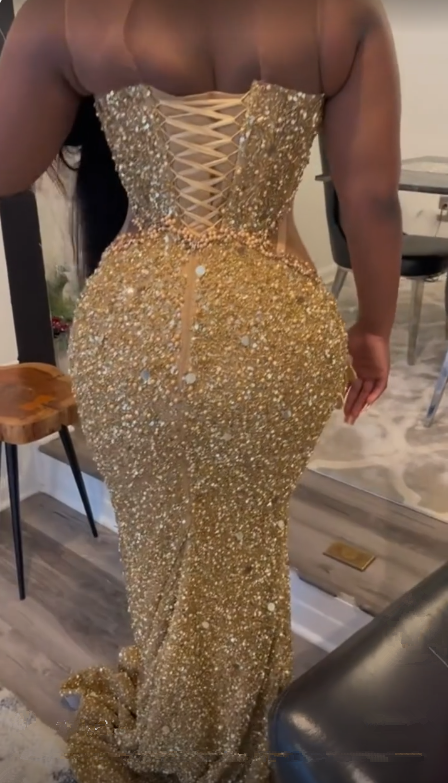 Gorgeous Gold Sequins Appliques Prom Dress Formal Mermaid Evening Dress