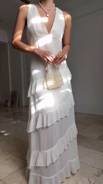 Classy White V Neck Ruffles Party Evening Dress,Formal Prom Dress