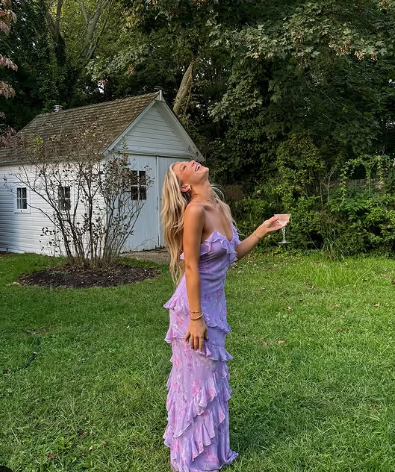 Elegant Purple Chiffon Print Floral Evening Dress,Ruffle Long Party Prom Dress