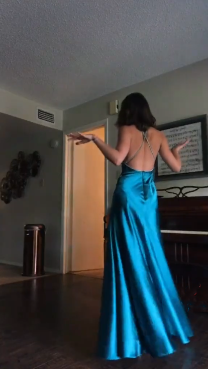 Classy Spaghetti Straps Blue Satin Beaded A Line Slit Long Wedding Guest Dress Evening Gown