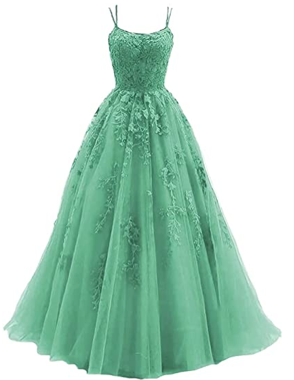 Silver spaghetti strap prom dress, long tulle lace appliquéd women's party dress