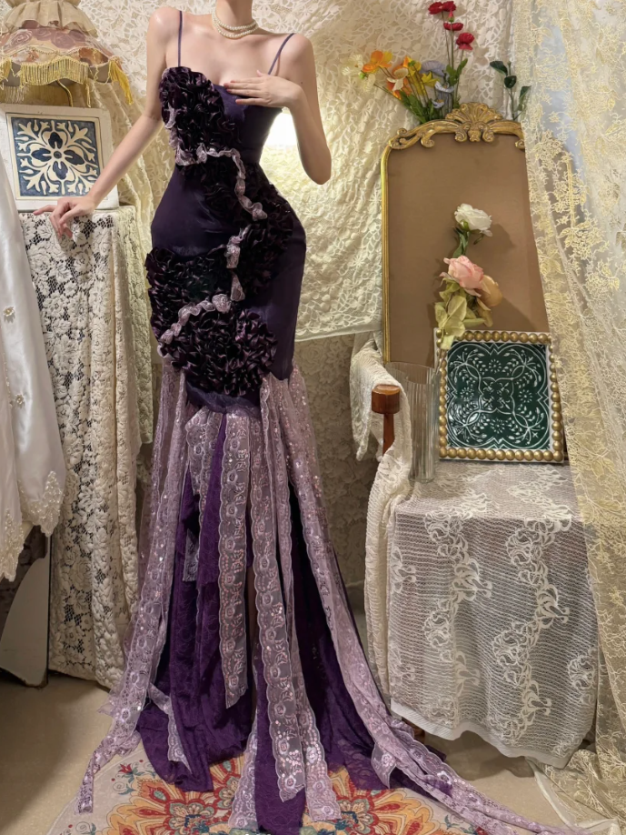 Glamorous Purple Spaghetti Straps Satin Lace Pleated Mermaid Long Party Dress Formal Birthday Prom Dress Evening Gown