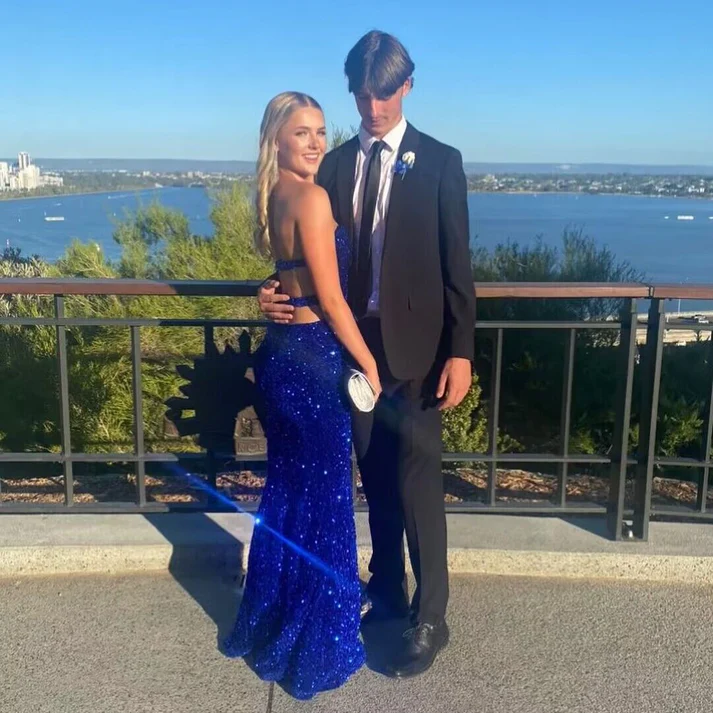 Sexy Royal Blue Backless Sequin Mermaid Prom Dress Slit Party Evening Gown