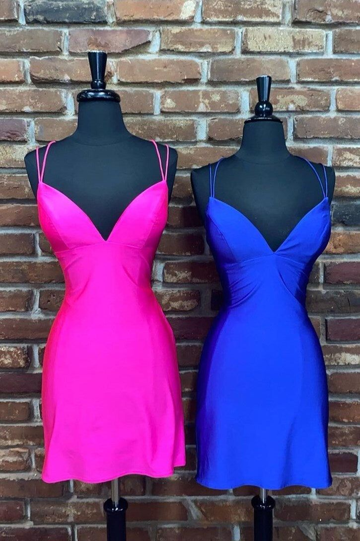 A-line V Neck Simple Homecoming Dress Straps Cute Party Dress Hot Pink Homecoming
