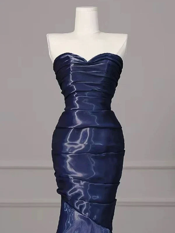 Gorgeous Strapless Navy Blue Evening Dress Ruched Mermaid Prom Party Dress