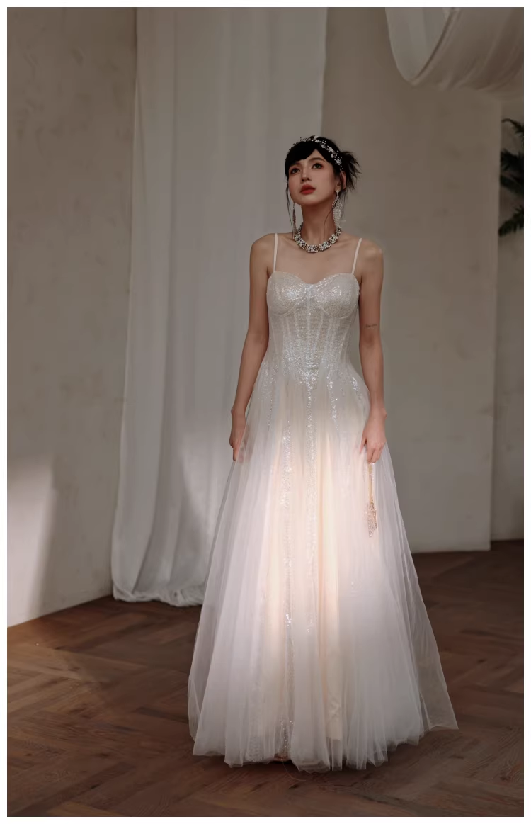 Classy Light Apricot Spaghetti Straps Tulle Sequin A Line Long Party Dress Evening Dress