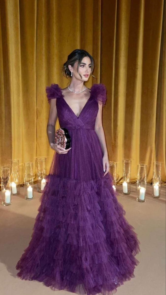 Sexy Deep V Purple Tulle Layered party Prom Dress,A Line Evening Gown