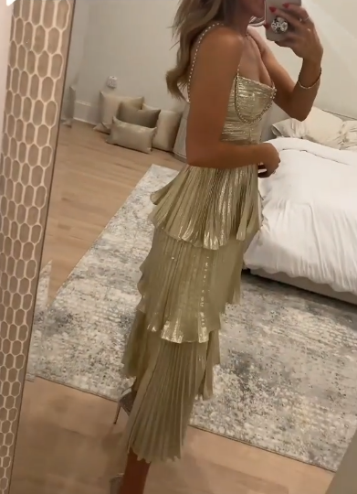 Stylish Gold Spaghetti Straps Satin Pleated Layered Long Wedding Guest Dress Evening Dress
