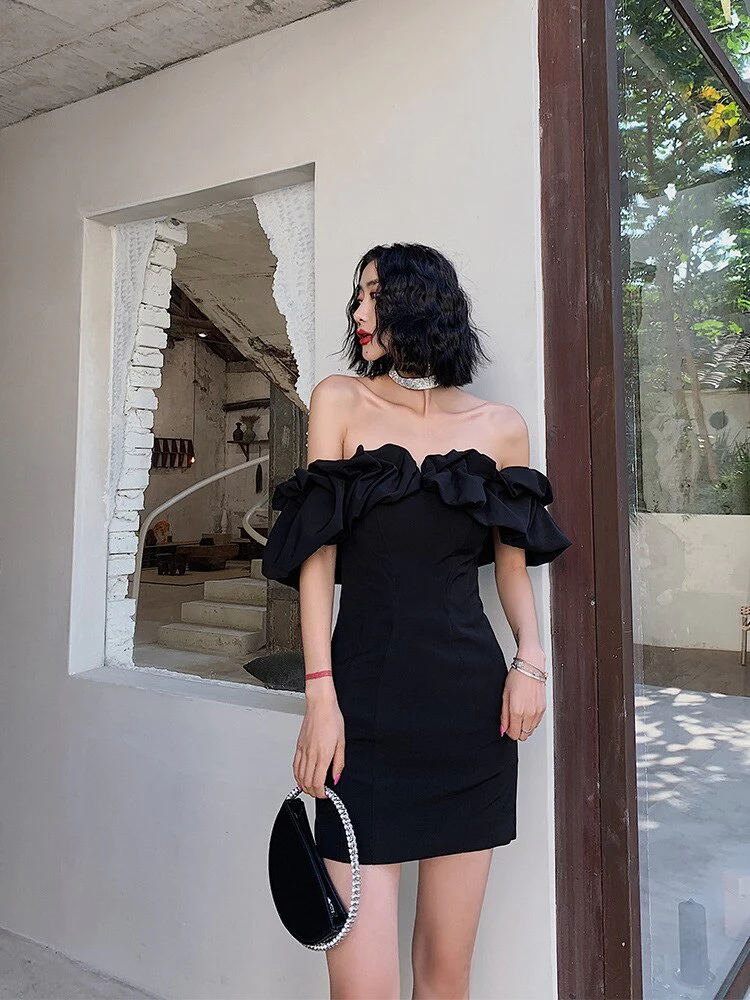 Black White Women Short Dress Pretty Mini Party Dress Ruffules Neckline Homecoming Dress