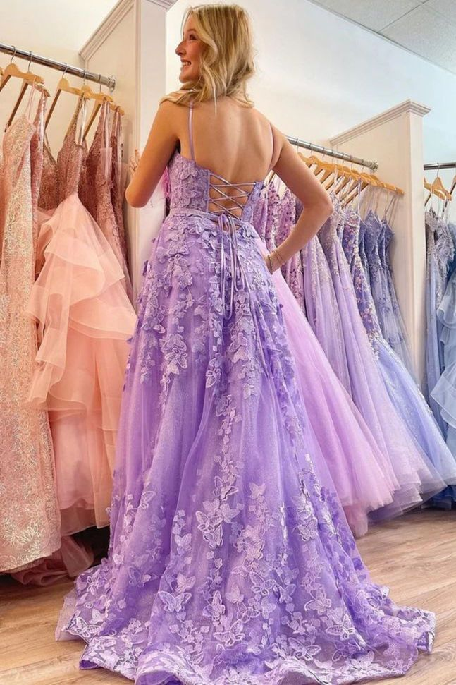 Spaghetti Straps Tulle Lace Appliques Evening Dress Lavender A Line Prom Party Dress