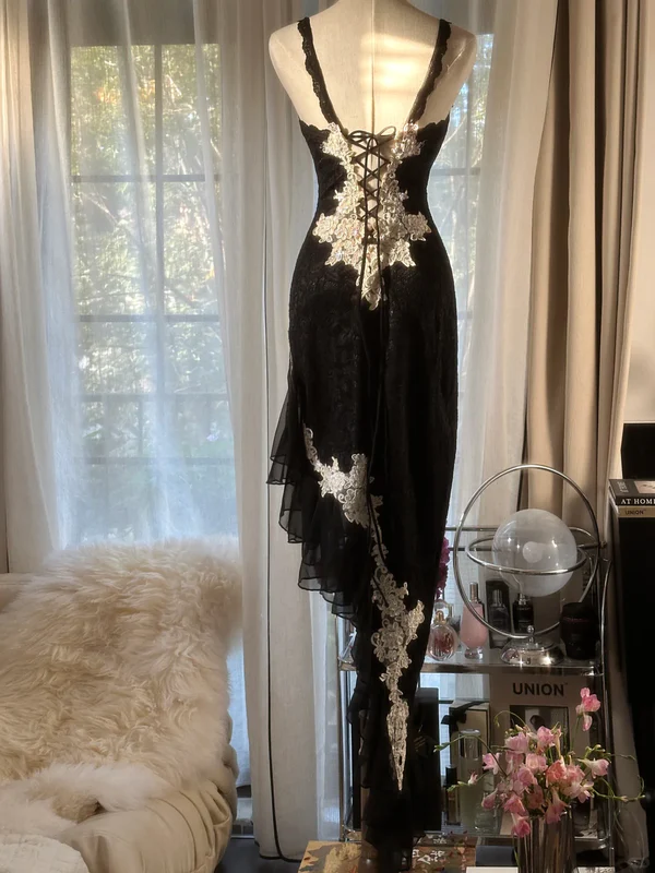 Classy Spaghetti Strap Black Lace Appliques Party Dress Prom Dress