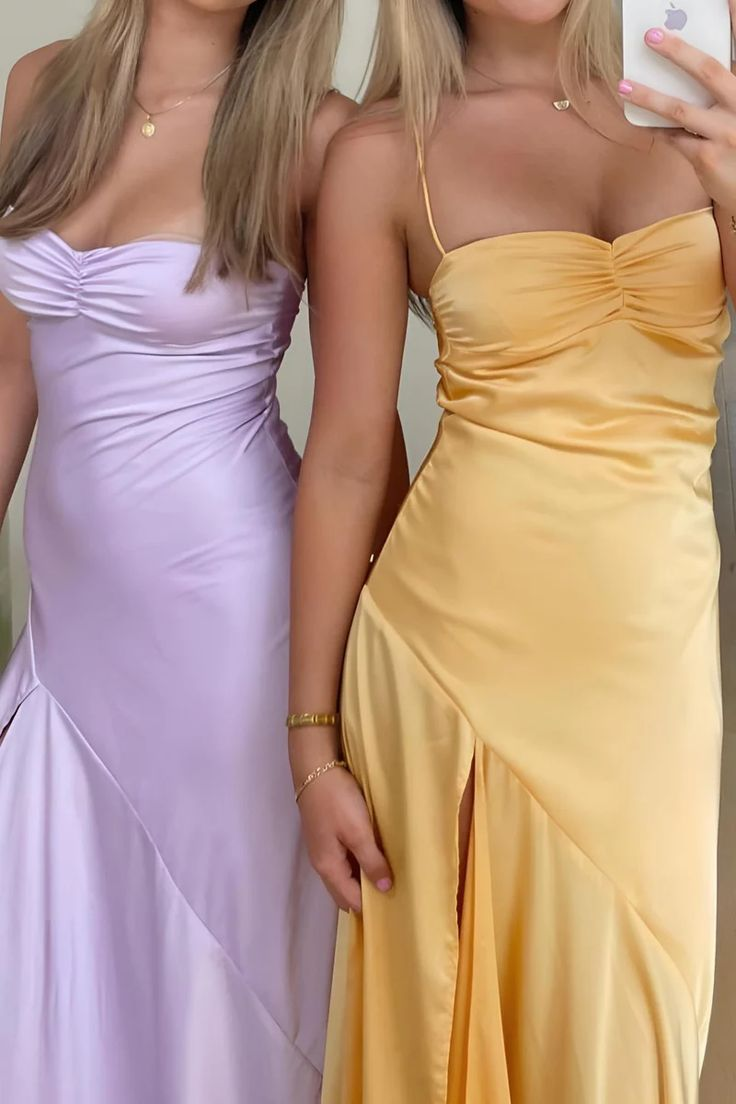 Sexy Spaghetti Straps Yellow Satin Slit Party Dress Evening Dress