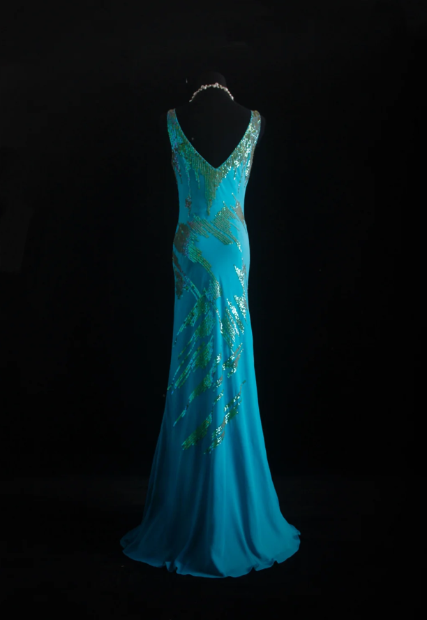 Unique Sleeveless Blue Satin Sequin Mermaid Evening Dress Long Birthday Party Dress Prom Gown