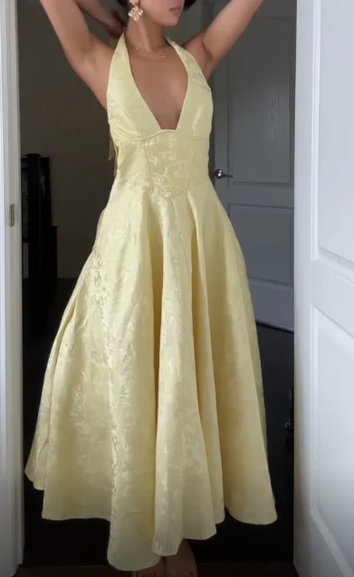 Deep V Neck Yellow Satin Print Floral Party Evening Gown Halter Prom Dress