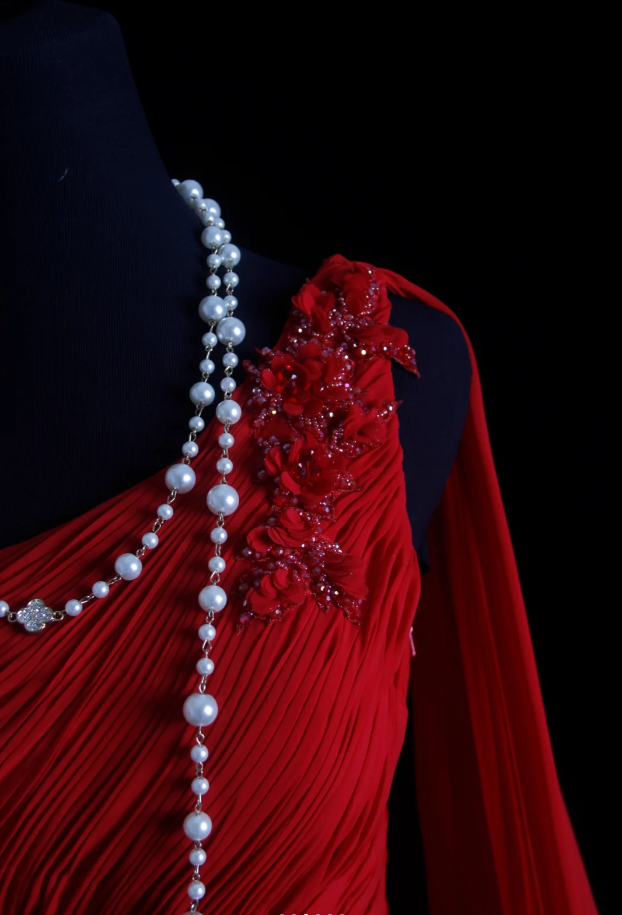 Classy One Shoulder Red Chiffon Beaded Mermaid Long Party Dress Formal Wedding Guest Dress