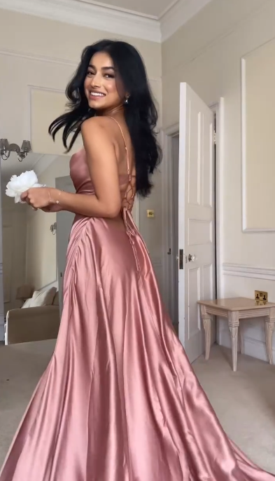 Stylish Spaghetti Straps Pink A Line Slit Bridesmaid Dress Long Prom Dress